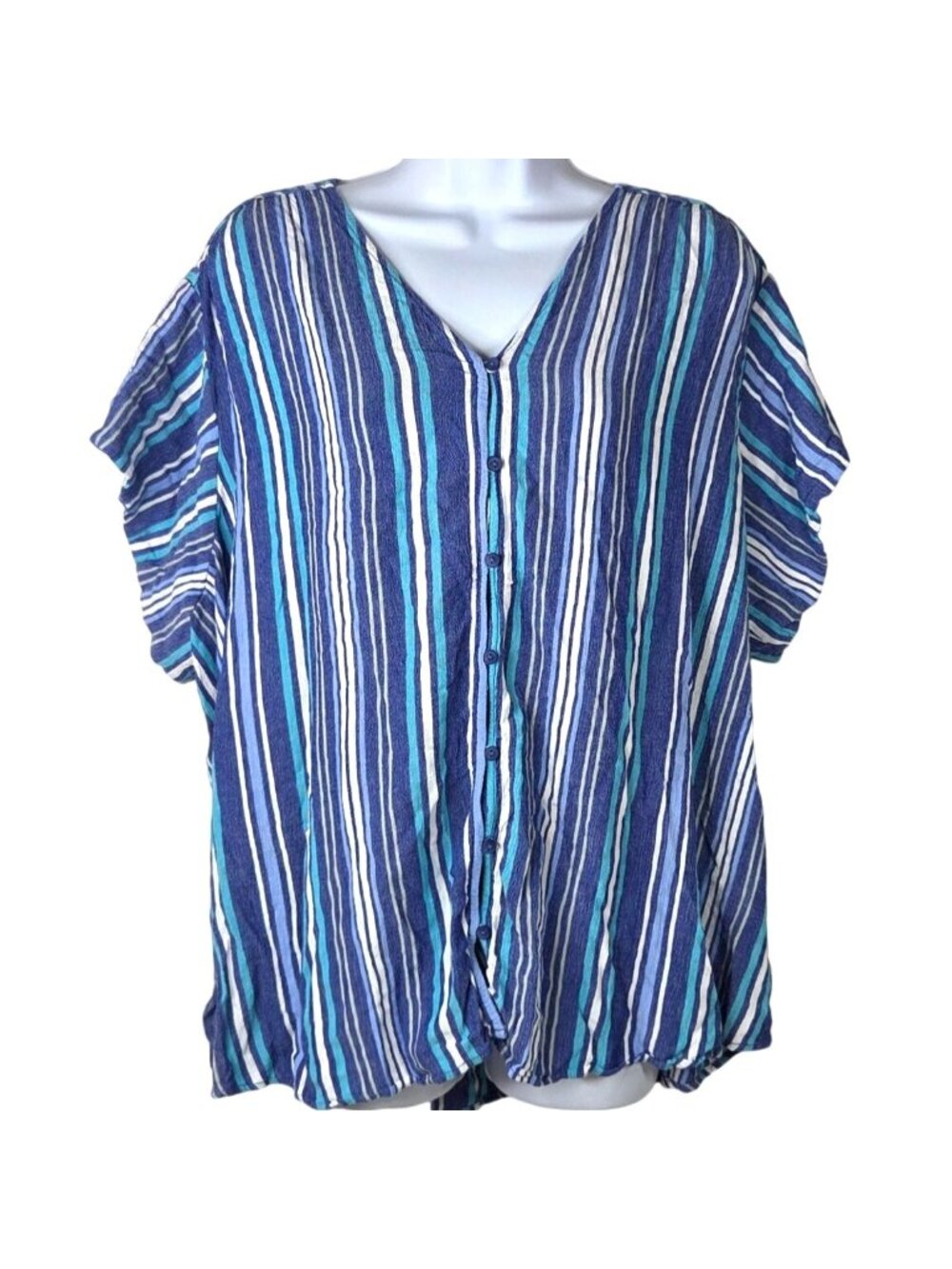 Liz Claiborne Striped Blue/Green Button Up Rayon Top 4X Short Sleeve Plus Size